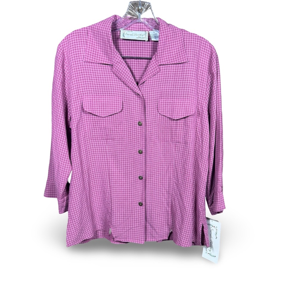 VTG Sarah Bentely Shirt Women's Size Small Pink White Micro Check Button Up Top